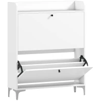 HOMCOM Mobile Scarpiera Slim con 2 Cassetti a Ribalta e Ripiani Regolabili, in Legno e Metallo, 80x24x101 cm, Bianco(m-1)