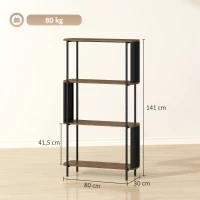 HOMCOM Étagère de rangement, bibliothèque à 4 niveaux avec panneaux latéraux incurvés, cadre en acier, 80x30x141cm, marron(m-3)