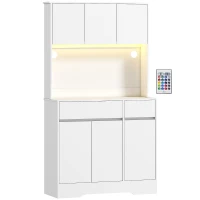HOMCOM Armário de Cozinha com Luz LED RGB, Bancada para Micro-ondas, 6 Portas, 2 Gavetas, Prateleiras Ajustáveis e Comando à Distância, Branco(m-1)