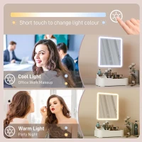 HOMCOM Makeup Mirror with Lights, Rechargeable Vanity Mirror w/ Touch Screen, 2 Lighting Modes and 180° Rotation, White(m-4)