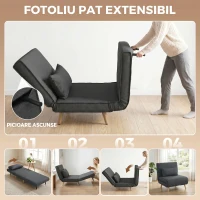 HOMCOM Fotoliu Extensibil 3 în 1 cu Spătar Reglabil pe 3 Niveluri și Pernă, Material Textil cu Aspect de In, Gri(m-4)