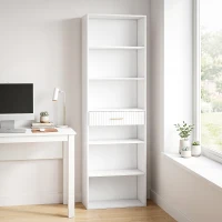 HOMCOM Bibliothèque à 7 Niveaux, 6 Compartiments Ouverts et Tiroir au Motif Ondulé, Moderne, 60 x 24 x 182 cm, Blanc(m-2)