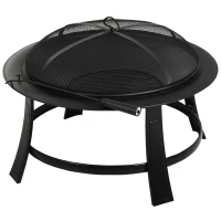 Outsunny Metal Large Firepit Bowl Outdoor Round Fire Pit w/ Lid, Log Grate, Poker for Backyard, Camping, BBQ, Bonfire, Wood Burning Stove, 76 x 76 x 53cm, Black(m-10)