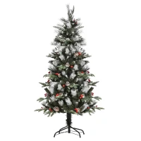 HOMCOM 5FT Artificial Snow Dipped Christmas Tree Xmas Pencil Tree Holiday Home Party Decoration with Foldable Feet Red Berries White Pinecones, Green(m-10)