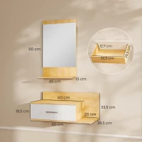 HOMCOM Conjunto de Móveis de Entrada de Parede com Espelho e Arrumação com Gaveta e 2 Prateleiras Abertas em Madeira Natural(m-3)