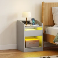 HOMCOM Mesa de Cabeceira com Luzes LED Gaveta Prateleira Estação de Carregamento Entrada USB e Controlo Remoto 40x40x58 cm Cinzento(m-10)