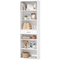 HOMCOM Bibliotecă verticală înaltă cu 7 polițe, 6 cuburi și sertar din lemn, 60x24x182 cm, Alb(m-6)