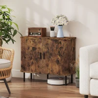 HOMCOM Mid-Century Modern Sideboard Storage Cabinet with Slatted Tambour Sliding Doors, Kitchen Cabinet with Steel Legs, Rustic Brown(m-10)
