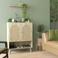 HOMCOM Mobile Multiuso in Stile Boho con Ante in Rattan e Ripiano Aperto, 80x38x100cm, Rovere(m-2)