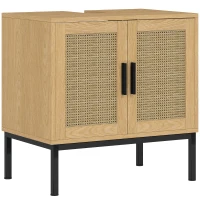 kleankin Badezimmerunterschrank, im Boho-Design, Badezimmerschrank, Rattan-Elemente, mit U-Ausschnitt, Eiche(m-1)