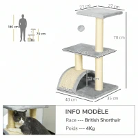 PawHut Arbre à chat arbre à grimper griffoir pour chat hauteur 72 cm balle suspendue gris clair(m-3)