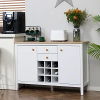 HOMCOM Aparador de Cozinha com 2 Gavetas 2 Armários com Prateleiras Ajustáveis e Suporte para 9 Garrafas 110x35x75 cm Branco e Madeira(m-10)