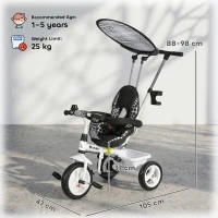 HOMCOM 6 in 1 Tricycle for Kids with 5-point harness straps, Removable Canopy, White(m-3)