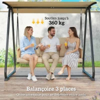 Outsunny Balancelle de Jardin Banc Suspendu Extérieur 3 Places Structure Acier Robuste 360kg Coussin Grand Confort 7cm Sable(m-4)