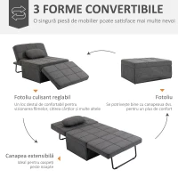 HOMCOM Fotoliu Pat 4 în 1 cu Spătar Reglabil și Pernă din Material Textil cu Aspect de In, 95x179x78 cm, Gri(m-4)