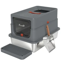 PawHut Stainless Steel Cat Litter Tray with Lid, XL 90L Enclosed Cat Litter Box with Step, Scoop, High Side, Dark Grey(m-1)