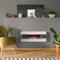HOMCOM 47inch / 120cm Electric Fireplace Wall Mounted, Freestanding, Glass Electric Fire Suite with Mantel, Adjustable LED Flame Effect and Temperature, Log, Pebble, Remote Control, 2000W, White(m-2)