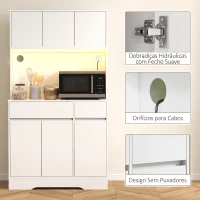 HOMCOM Armário de Cozinha com Luz LED RGB, Bancada para Micro-ondas, 6 Portas, 2 Gavetas, Prateleiras Ajustáveis e Comando à Distância, Branco(m-7)