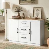 HOMCOM Buffet salon, meuble de rangement avec 2 portes à fermeture douce et 3 tiroirs, 110x35x80,4cm, blanc et bois naturel(m-10)
