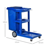 HOMCOM Janitor Cleaning Trolley, with Bin, Shelves and Hooks - Blue(m-3)