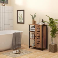 kleankin Móvel Auxiliar Casa de Banho com Porta de Ripas 3 Compartimentos Abertos Prateleira Ajustável 60x30x85 cm Castanho Rústico(m-8)