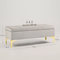 HOMCOM Panca Contenitore Fondo Letto con Tessuto Vellutato e Gambe Dorate, 120x44x44.5cm, Grigio Chiaro(m-3)