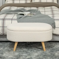 HOMCOM Banc de Rangement, Bout de Lit Rembourré en Peluche Teddy avec Couvercle et Pieds en Bois, 82 x 41 x 45 cm, Blanc(m-4)