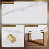 HOMCOM Meuble de rangement buffet salon avec 2 placards 3 portes et étagère réglable, pieds en métal, aspect marbre blanc(m-6)