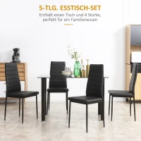 HOMCOM 5-delige Eetkamerset Tafel en 4 Stoelen, Modern Design, Glazen Tafel, Zwart(m-4)