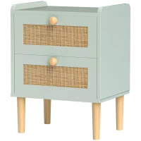 HOMCOM Table de chevet, table de nuit avec 2 tiroirs en effet rotin naturel et cadre en bois, 39,8 x 30 x 52,5 cm, vert olive(m-12)