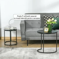 HOMCOM Set 2 măsuțe de cafea cu blat cu efect de marmură, din lemn și oțel, Ø50x50.5 cm și 60x36x43.5 cm, negru(m-21)