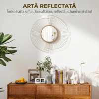 HOMCOM Decorațiune de Perete Oglindă Rotundă, Oglindă Modernă cu Benzi din Metal și Design Plisat, Artă Decorativă pentru Living, Dormitor și Intrare, 60x60 cm, Auriu(m-4)