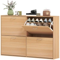 HOMCOM Scarpiera Ingresso Salvaspazio Slim con 4 Ante a Ribalte, Mobile Scarpiera Moderna per 24 Paia di Scarpe con Ripiani Regolabili, Portascarpe in Legno, 120x24x81cm, Color Legno(m-11)