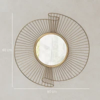 HOMCOM Decorațiune de Perete Oglindă Rotundă, Oglindă Modernă cu Benzi din Metal și Design Plisat, Artă Decorativă pentru Living, Dormitor și Intrare, 60x60 cm, Auriu(m-3)