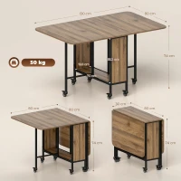 HOMCOM HOMOM Mesa de Cozinha Dobrável Mesa de Refeição Dobrável com Rodas Laterais Abatíveis e Prateleira Mesa Dobrável para Sala de Jantar 130x80x74 cm Marrom(m-3)