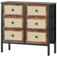 HOMCOM Cómoda para Dormitório Cómoda de Tecido com 6 Gavetas Dobráveis com Frentes de Vime 88x30x83 cm Marrom Rústico(m-11)