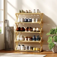 HOMCOM Five-Tier Folding Bamboo Shoe Rack - Natural Finish(m-10)