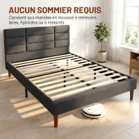 HOMCOM Cadre de Lit 140 x 200 cm avec Sommier Bois, Lit Double Rembourré en Effet Lin, Rangement au-dessous, Sans Bruit, Gris(m-7)