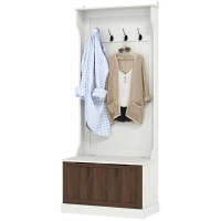 HOMCOM Mobile Appendiabiti 3 in 1 con 4 Ganci e Panca Contenitore, in Legno, 71.5x39.5x170 cm, Bianco(m-10)