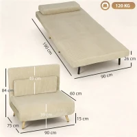 HOMCOM Fotoliu extensibil 3-in-1, fotoliu pliant din cord cu funcție de dormit, spătar reglabil, pernă, Bej(m-3)