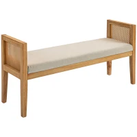 HOMCOM Panca Fondo Letto Boho con Seduta Imbottita e Braccioli in Legno e Rattan, 120x38x61.5cm, Crema(m-1)