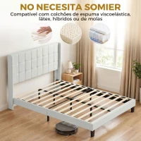 HOMCOM Cama de Casal 135x190 cm com Cabeceira Estofada com Laterais e Arrumação Inferior, Bege(m-7)