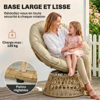 Outsunny Fauteuil papasan en rotin, fauteuil pivotant à 360° avec coussin rembourré, 85 x 70 x 82 cm, kaki(m-7)