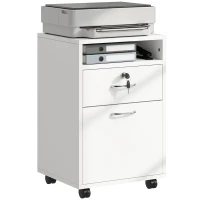 HOMCOM Cajonera de Oficina con Cajón con Cerradura y Armario con Ruedas Soporte de Impresora para Estudio 40x35x60 cm Blanco(m-1)