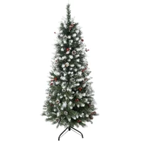 HOMCOM Albero di Natale Innevato Artificiale 150cm con Bacche Rosse e Pigne Bianche, Base Rimovibile Pieghevole, 408 Rami(m-1)