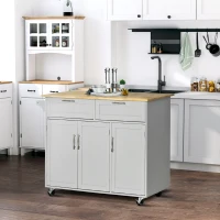 HOMCOM Carrinho de Cozinha com Rodas 2 Gavetas 3 Portas Prateleiras Ajustáveis e Barra para Sala de Jantar 121x46x91cm Cinza e Madeira(m-3)