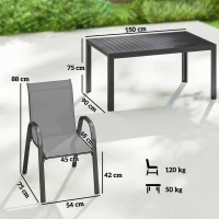 Outsunny Table de jardin extérieure avec 6 chaises empilables, plateau à lattes 150 cm structure en acier anti-rouille gris clair(m-3)