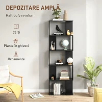 HOMCOM Bibliotecă mobilă modernă cu 5 rafturi din lemn, design modern, 60x24x184,5 cm, negru(m-4)