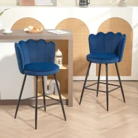 HOMCOM Set of Two Velvet-Feel Lotus Bar Stools - Dark Blue(m-2)
