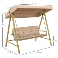 Outsunny Dondolo 3 Posti con Tettuccio Inclinabile e Cuscini, in Acciaio e Textilene, 200x125x175 cm, Beige e Marrone(m-3)